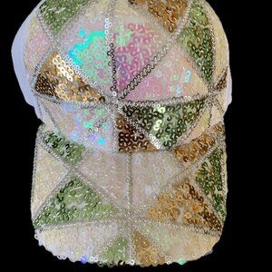 Womens Fashion Stage Style Sequin Gradient Buckle Mesh Adjustable Cap WHITE